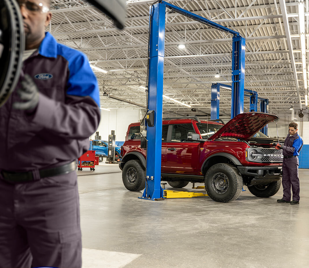 Suntrup Ford Kirkwood certified service technicians performing Ford maintenance and repair at the Kirkwood, MO dealership